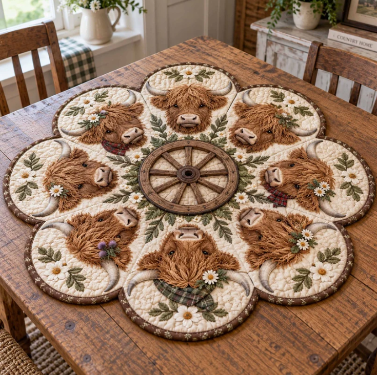 8 Heads Highland Cow Daisy Quilted Table Topper