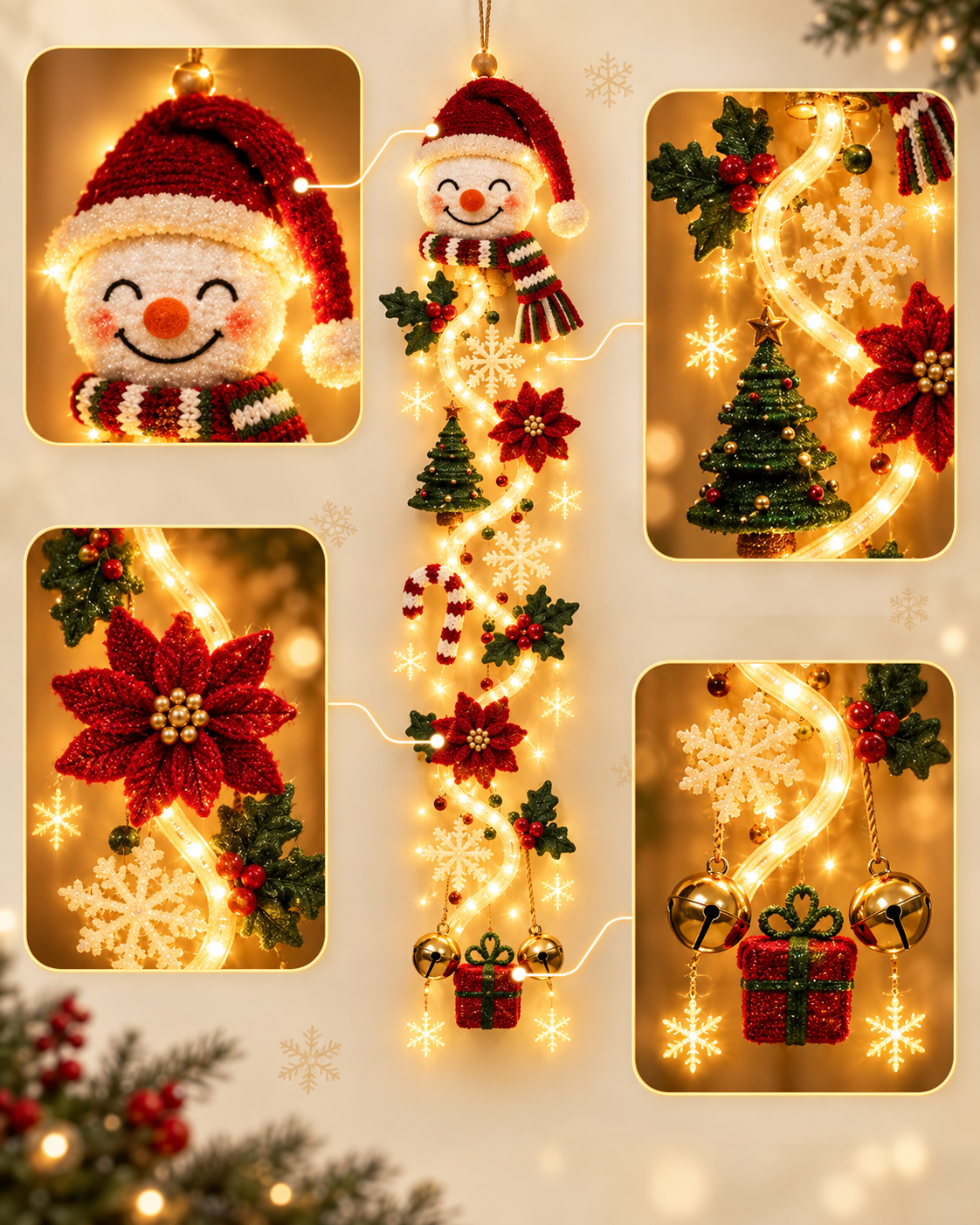 Suggested image: close-up diagram or crop showing how the warm lights travel from the character at the top through ornaments, snowflakes, greenery, and bells below
