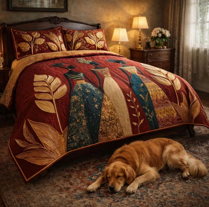 African Women 3-Piece Quilted Bedding Set