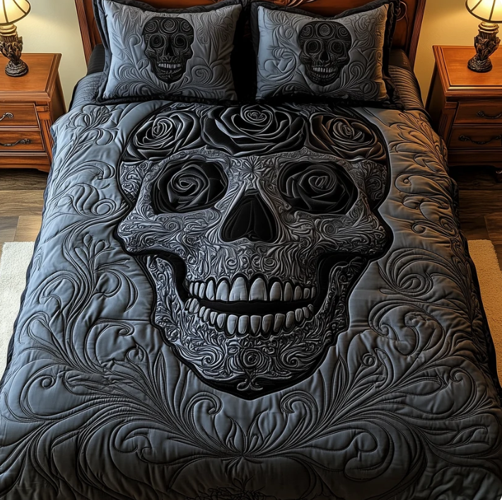 Gothic Skull Rose 3-Piece Quilted Bedding Set