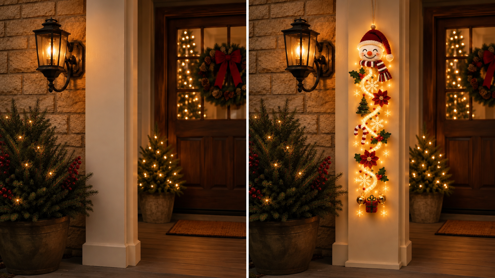 Suggested image: editorial comparison showing a cluttered multi-piece Christmas doorway on one side and a clean vertical glowing door hanger setup on the other