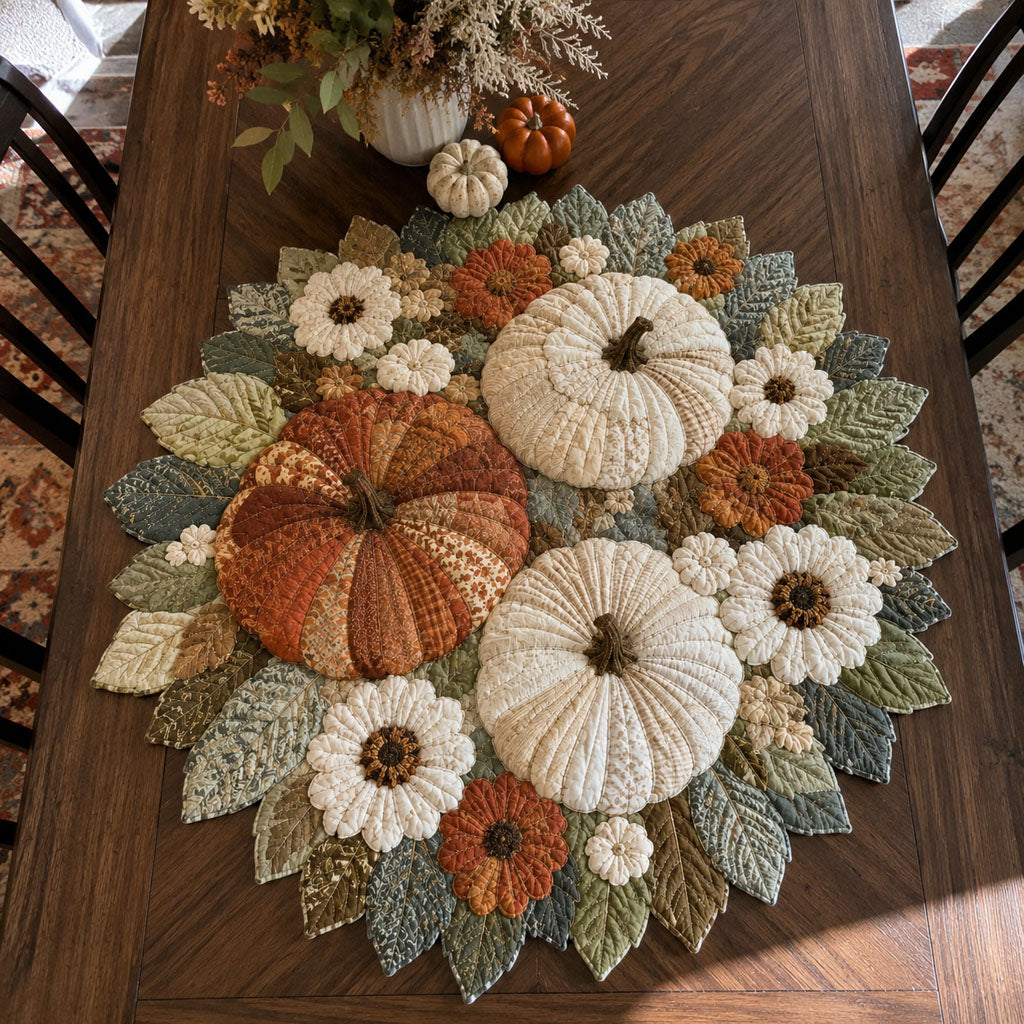 Vintage Fabric Pumpkin Daisy Autumn Leaf Quilted Table Topper