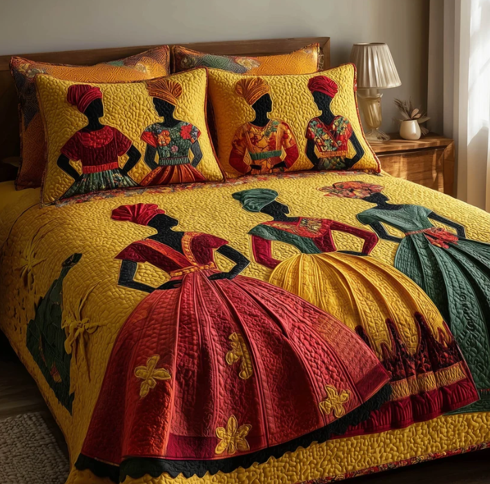 African Women 3-Piece Quilted Bedding Set