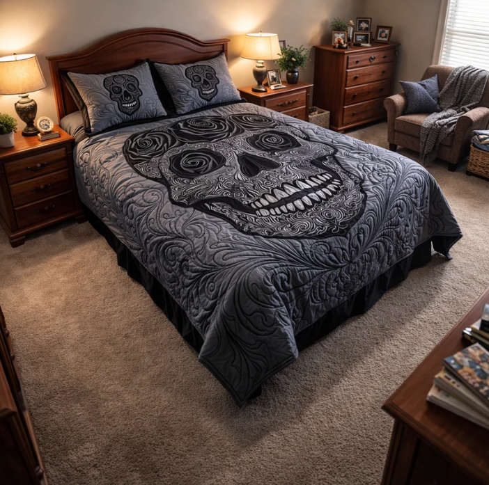 Gothic Skull Rose 3-Piece Quilted Bedding Set