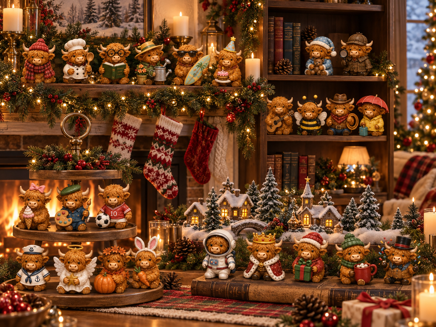 Suggested image: all 24 Highland Cow characters styled across a mantel, bookshelf, tiered tray, or Christmas village after the calendar is fully opened