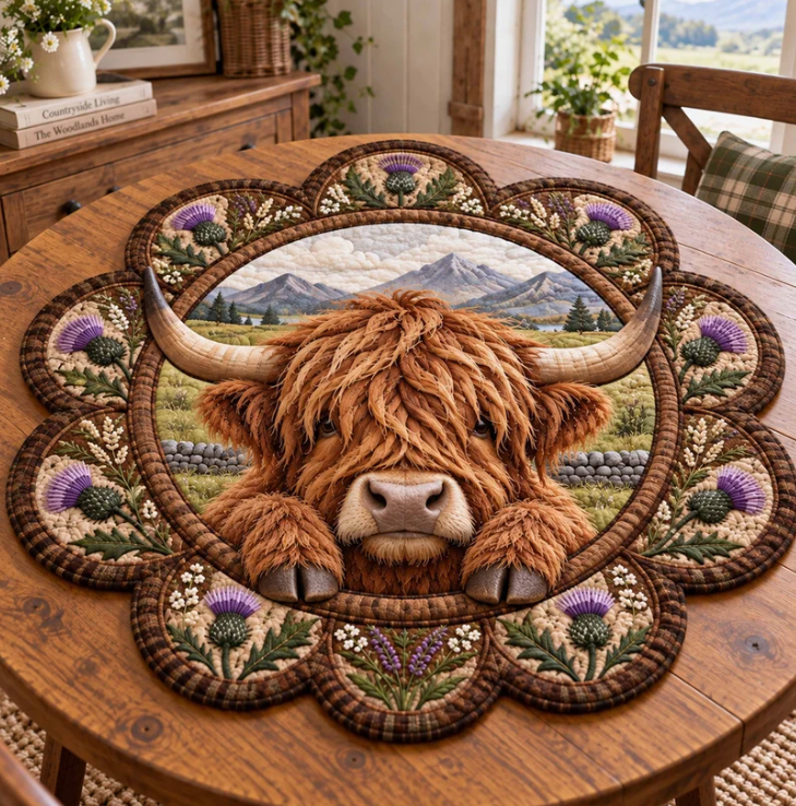Thistle Mountain View Highland Cow Quilted Table Topper