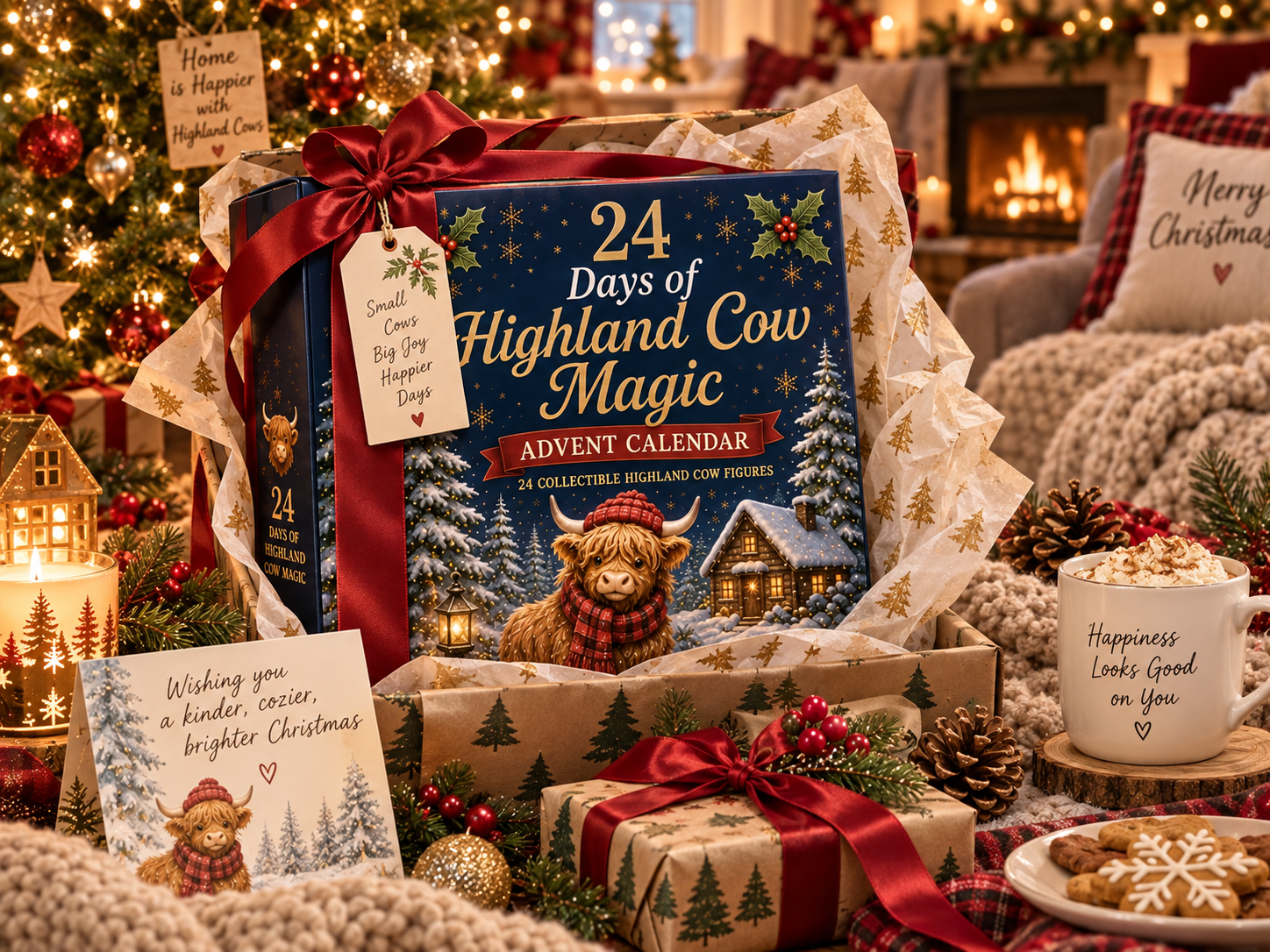 Suggested image: cozy gift-giving scene with the Highland Cow Advent Calendar wrapped for a mom, grandma, friend, or Highland Cow collector