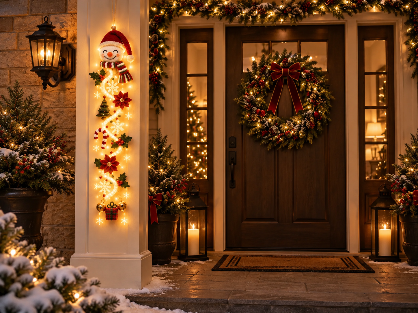 Suggested image: final lifestyle scene showing a warm Christmas entry at night with the vertical hanger acting as the main side accent