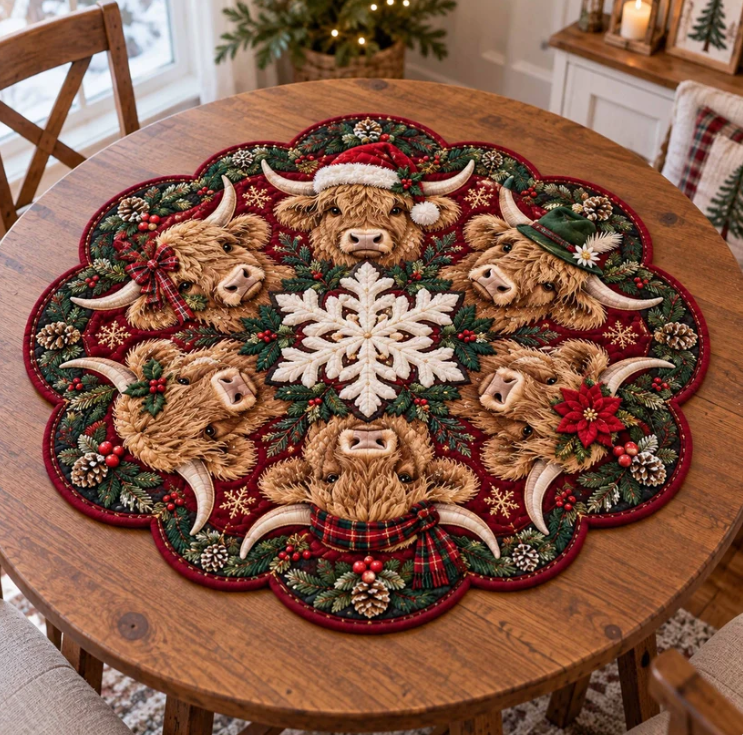6 Highland Cows Christmas Quilted Table Topper
