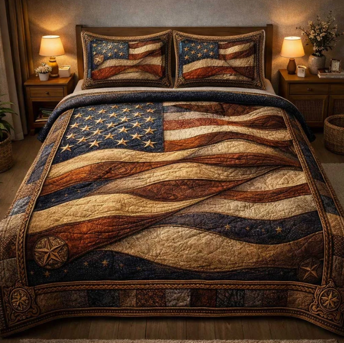 Vintage American Flag 3-Piece Quilted Bedding Set