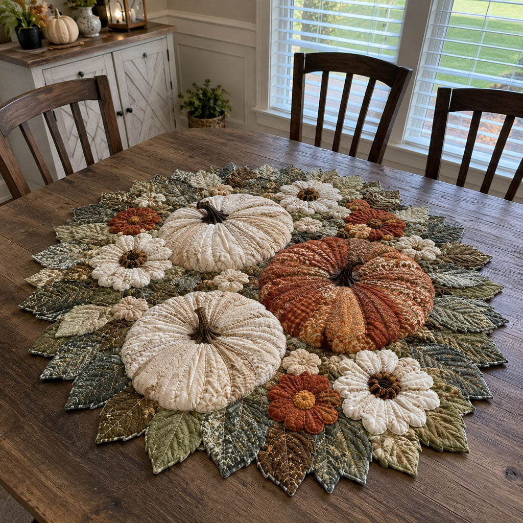 Vintage Fabric Pumpkin Daisy Autumn Leaf Quilted Table Topper