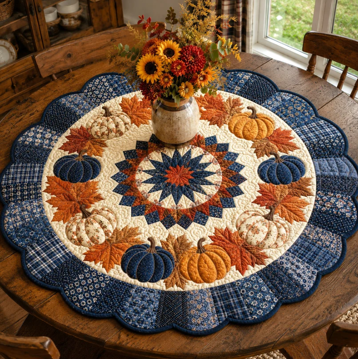 Blue Plaid Pumpkin Autumn Leaf Quilted Table Topper