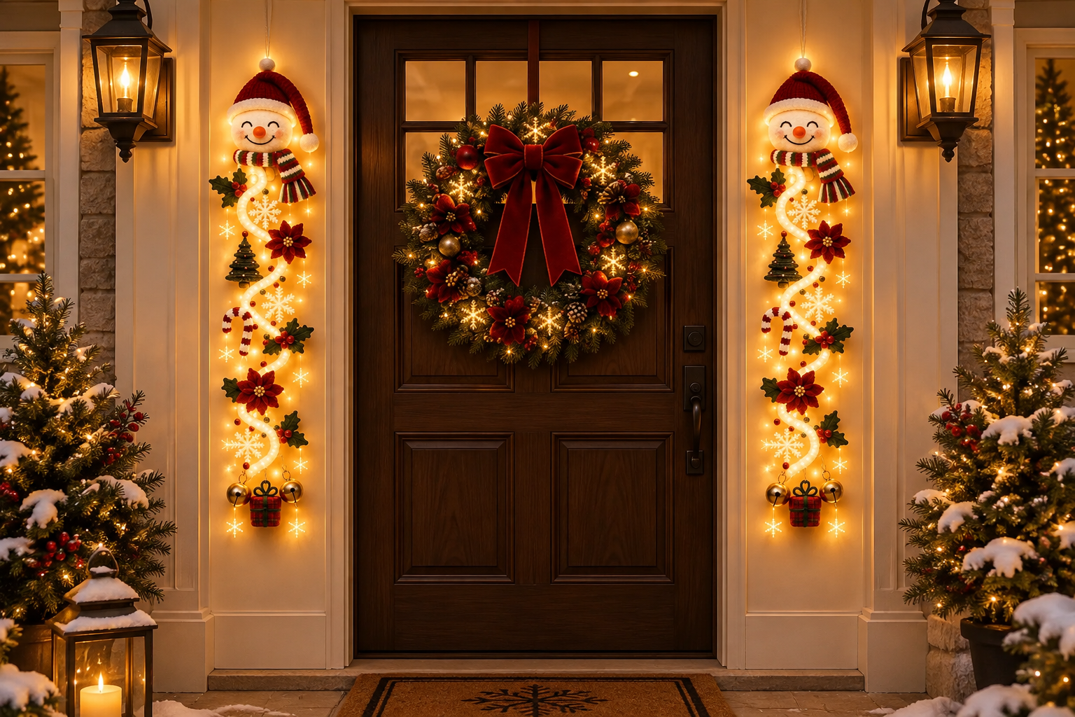 Suggested image: front entrance with an existing wreath plus the glowing vertical door hanger placed beside it to demonstrate complementary styling