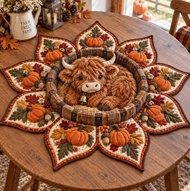 Autumn Acorn Bell Highland Cow Thanksgiving Quilted Table Topper