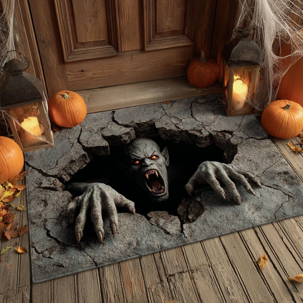 American Horror 3D Style Zombie Breaking Through & Cracked Ground Pattern Halloween Doormat with Non-Slip Backing & Realistic Visual Effect | Prank & Trick
