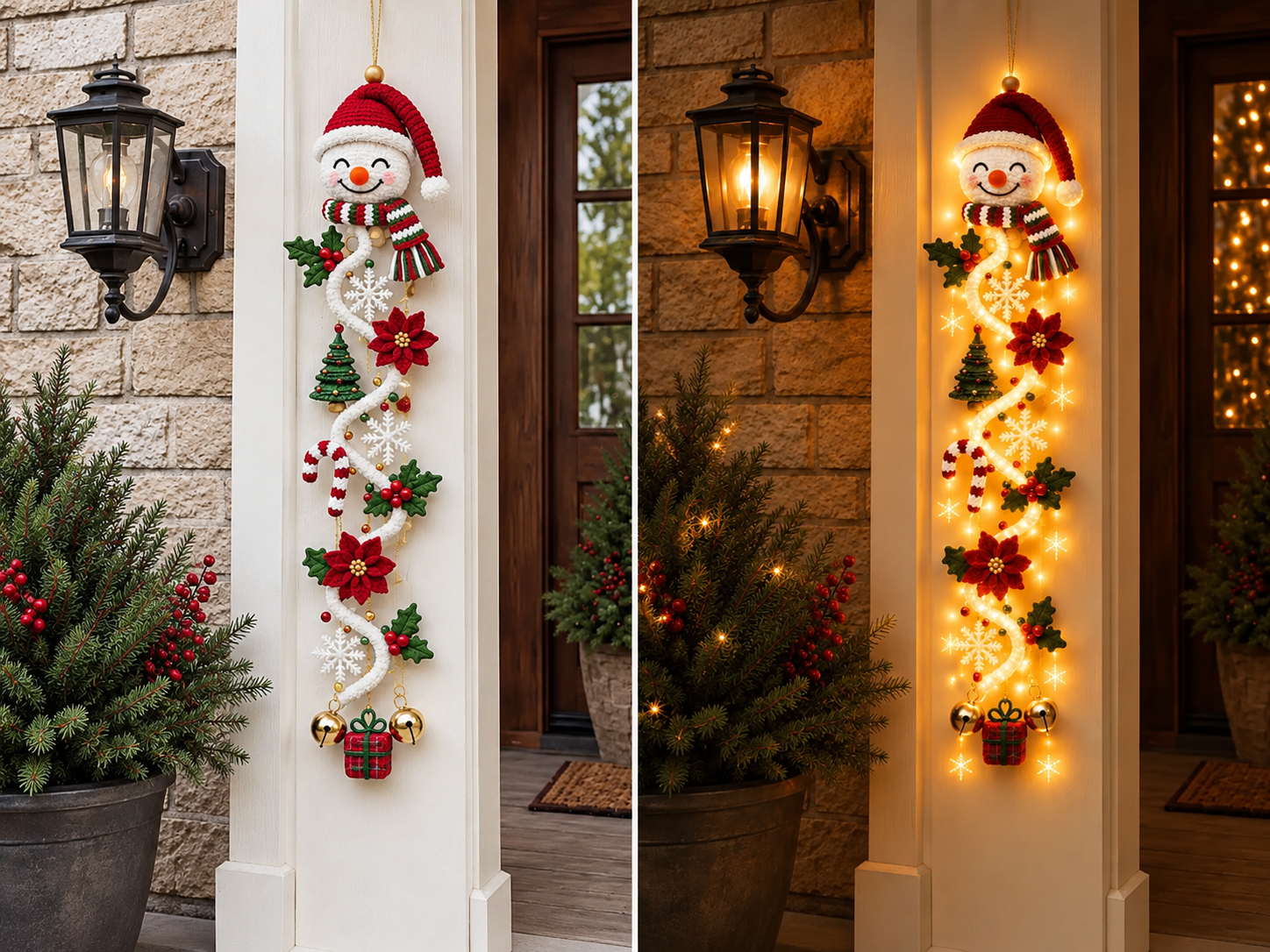 Suggested image: day-versus-night comparison of the same Christmas door hanger, showing colorful dimensional details by day and warm glow after dark