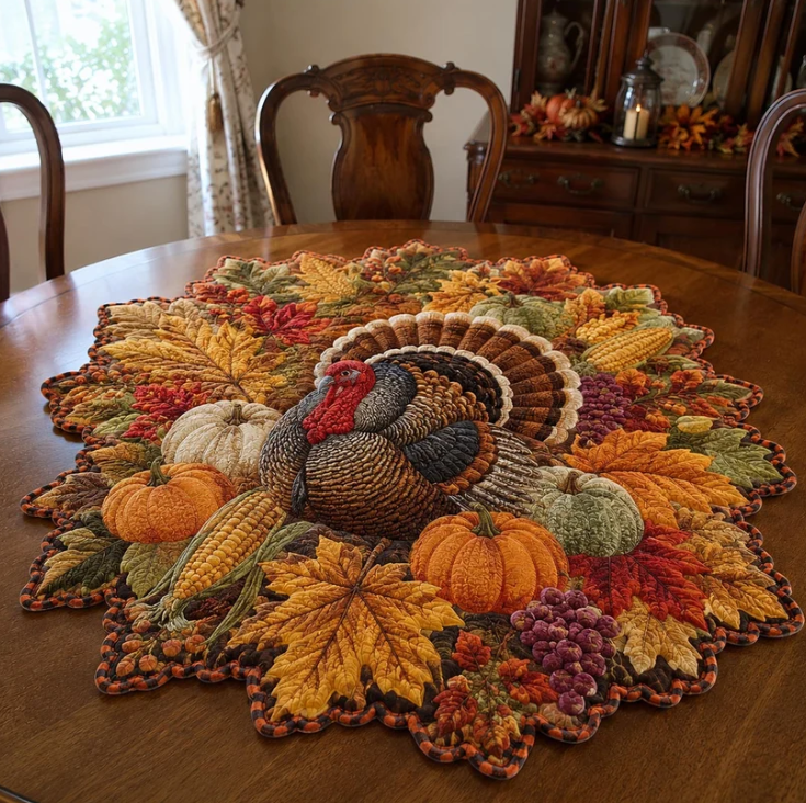 Turkey Harvest Crops Autumn Leaf Quilted Table Topper 