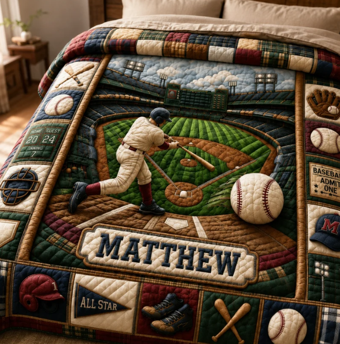 Personalized Baseball 3-Piece Quilted Bedding Set