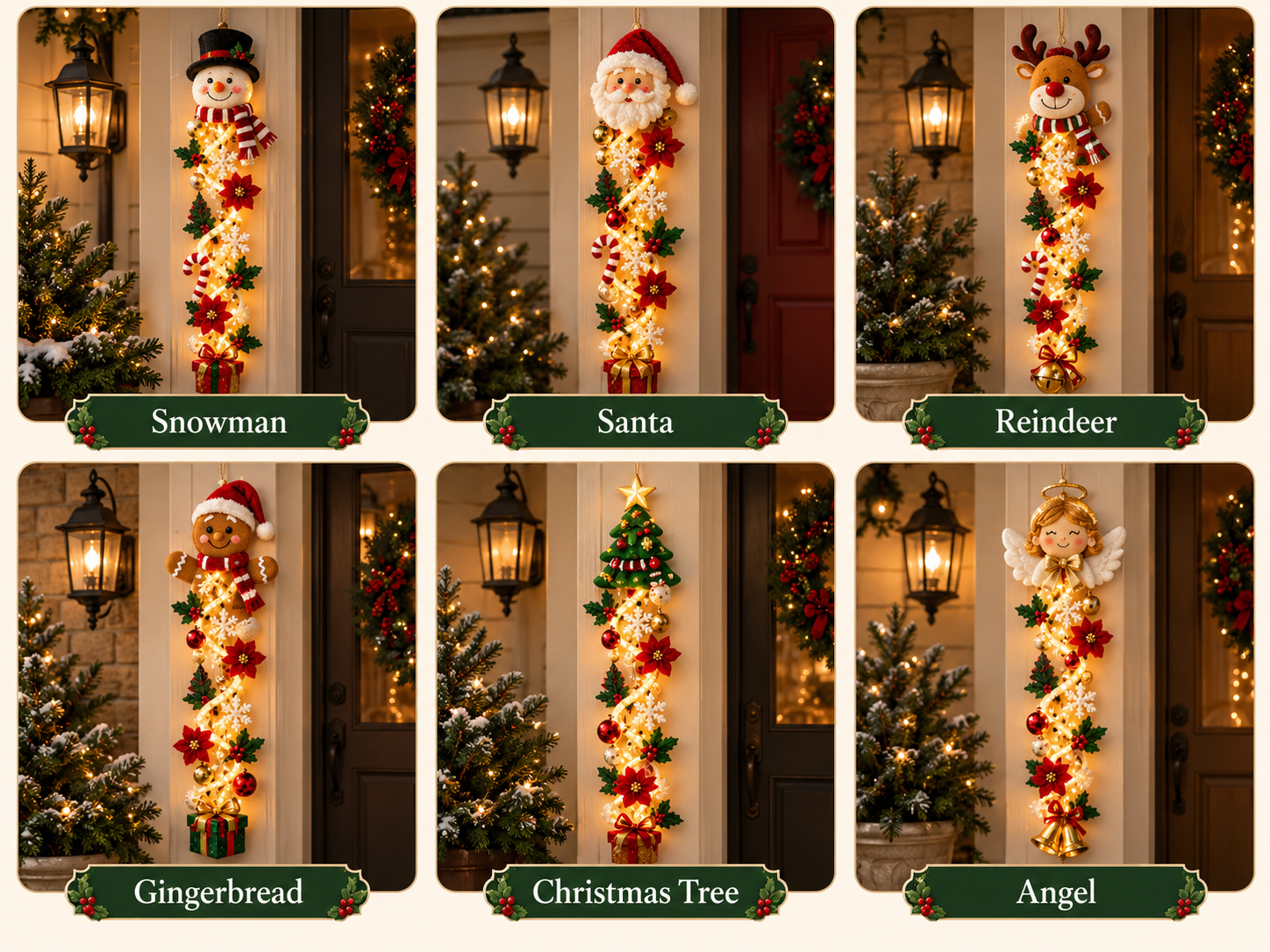 Suggested image: lineup graphic of all six designs &mdash; Snowman, Santa Claus, Reindeer, Gingerbread, Christmas Tree, and Christmas Angel
