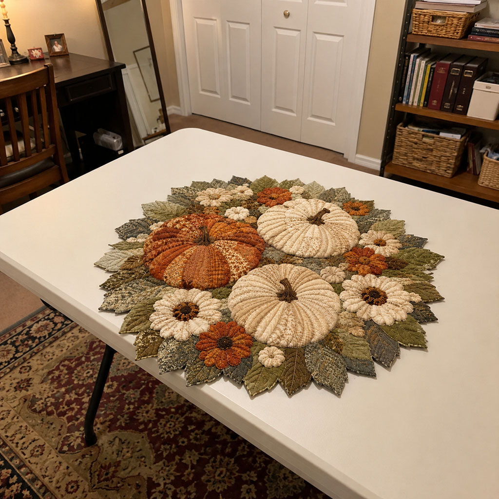 Vintage Fabric Pumpkin Daisy Autumn Leaf Quilted Table Topper