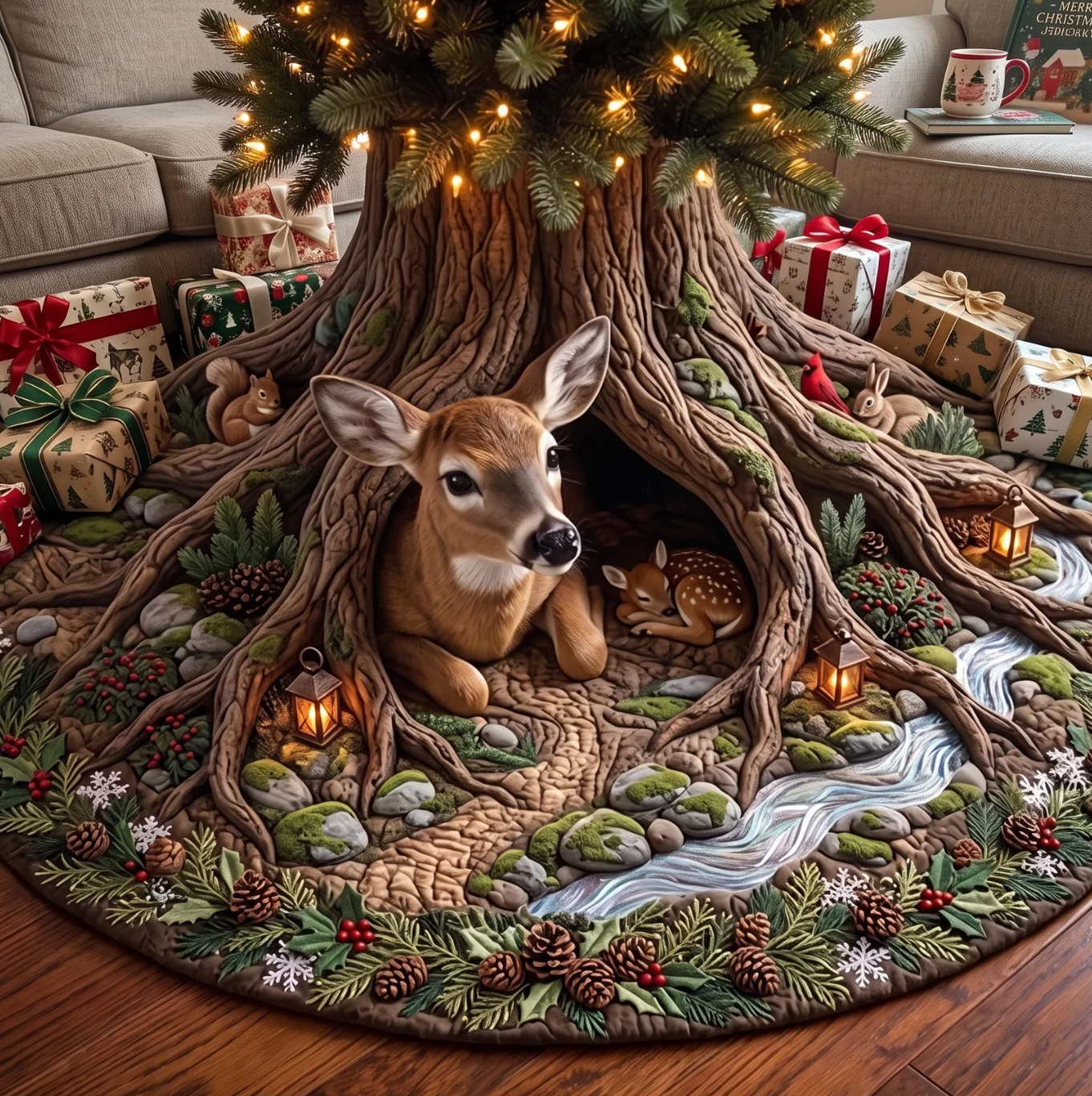 Deer Haven Forest Tree Hole Quilted Christmas Tree Skirt