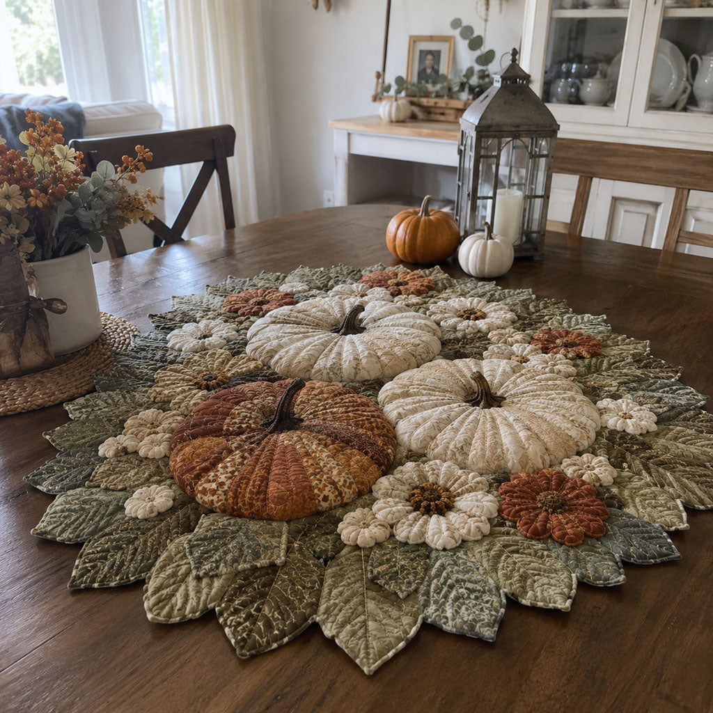 Vintage Fabric Pumpkin Daisy Autumn Leaf Quilted Table Topper