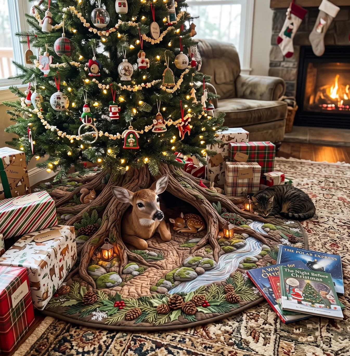 Deer Haven Forest Tree Hole Quilted Christmas Tree Skirt