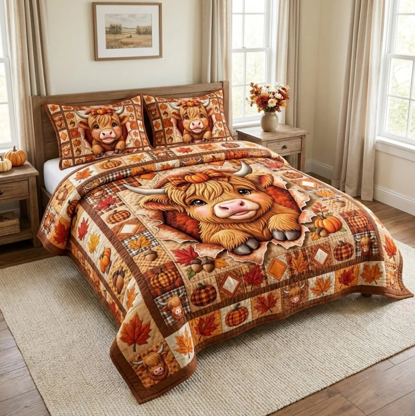 Fall Highland Cow Pumpkin Maple Leaf Quilted Bedding Set 3PCS