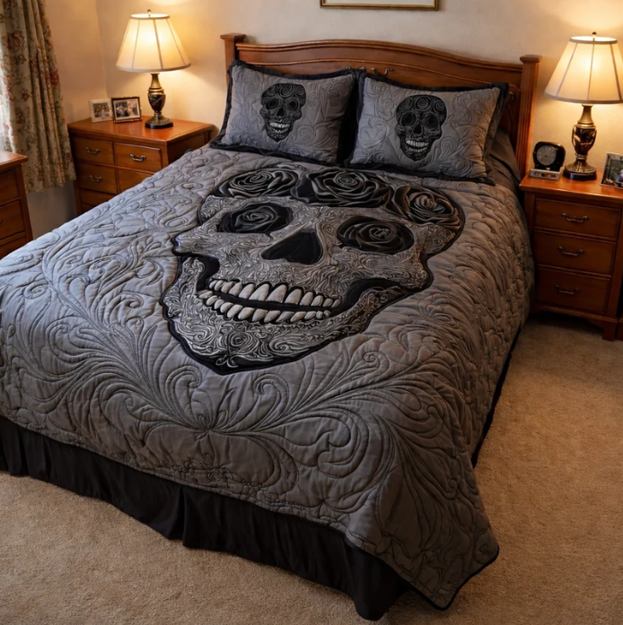 Gothic Skull Rose 3-Piece Quilted Bedding Set