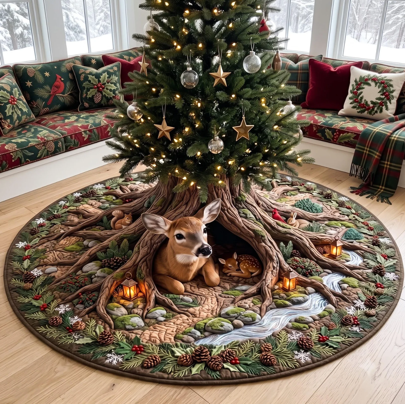 Deer Haven Forest Tree Hole Quilted Christmas Tree Skirt