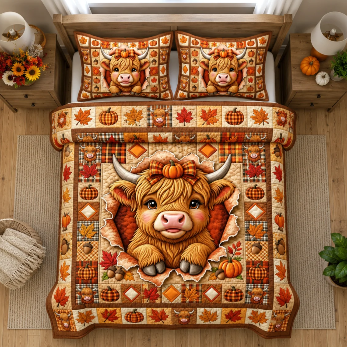 Fall Highland Cow Pumpkin Maple Leaf Quilted Bedding Set 3PCS