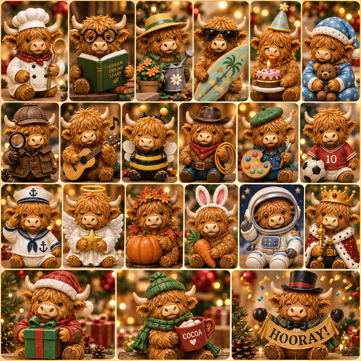 Suggested image: close-up collage of several Highland Cow characters showing different outfits, hobbies, horns, fluffy bangs, and facial expressions