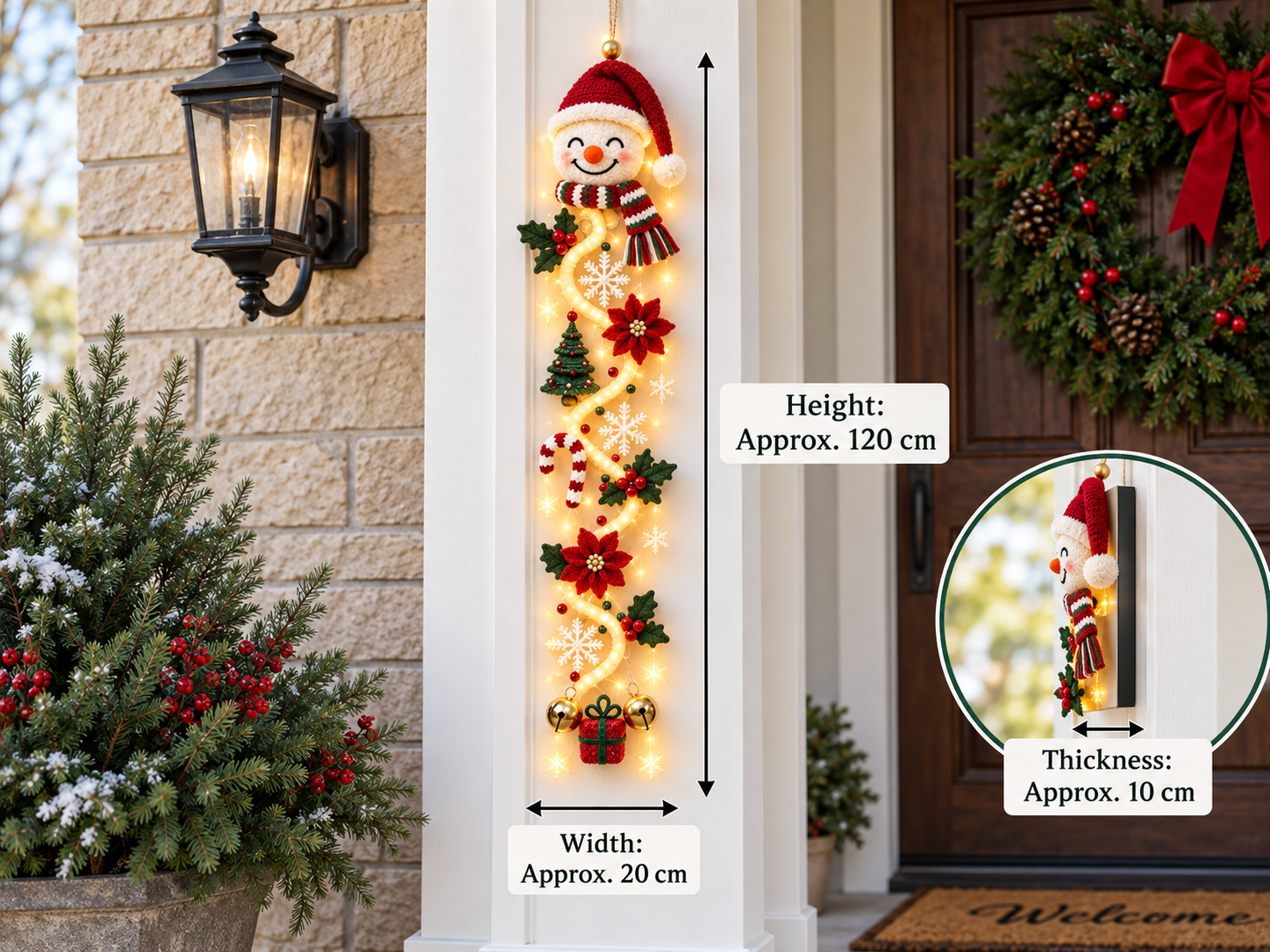 Suggested image: dimension graphic showing approximately 120 cm height, 20 cm width, and 10 cm depth beside a door frame for scale
