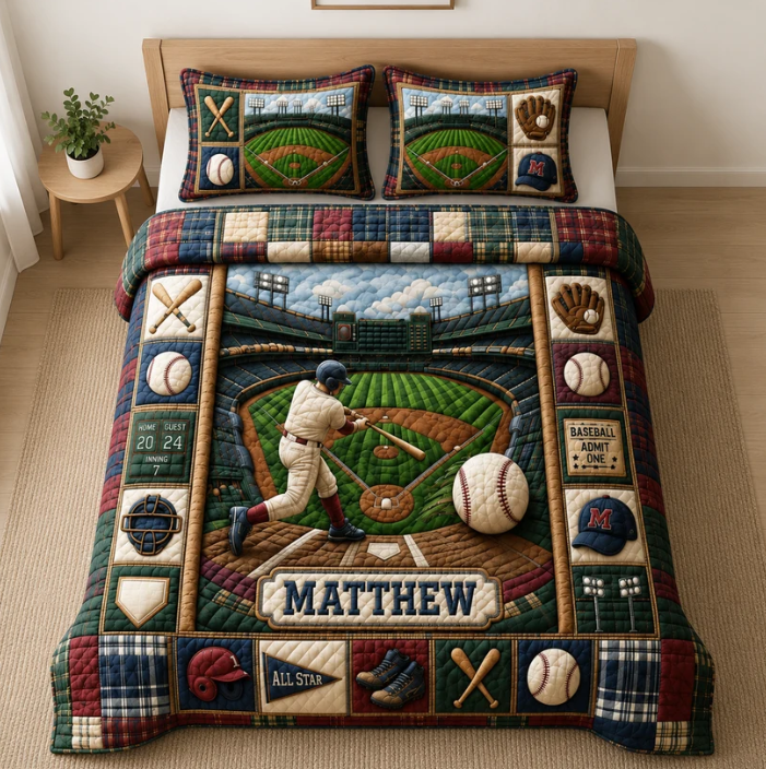 Personalized Baseball 3-Piece Quilted Bedding Set