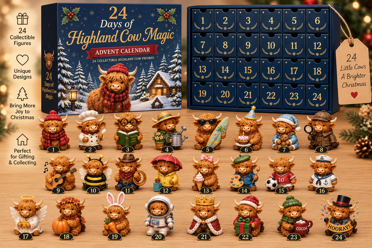 Suggested image: clean product overview graphic showing the Advent calendar box, 24 numbered compartments, and the complete 24-character Highland Cow collection