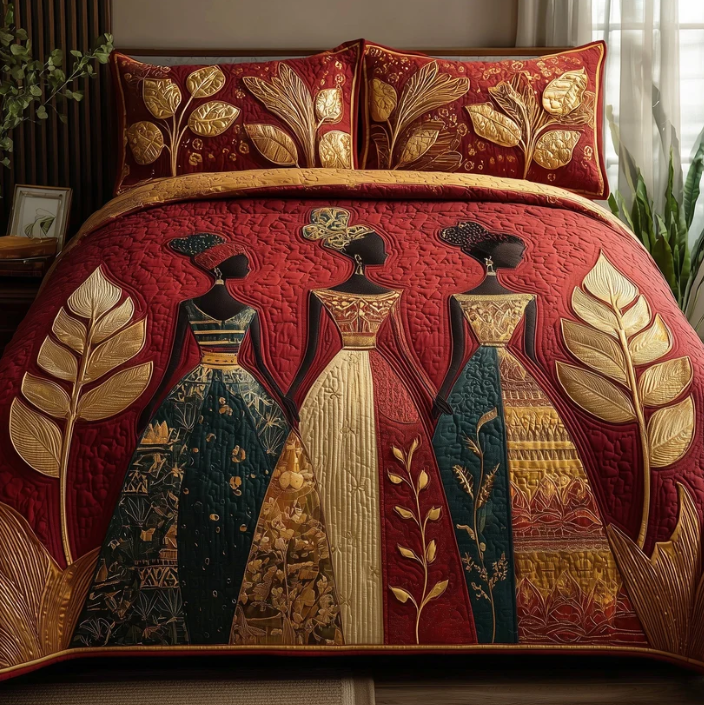 African Women 3-Piece Quilted Bedding Set