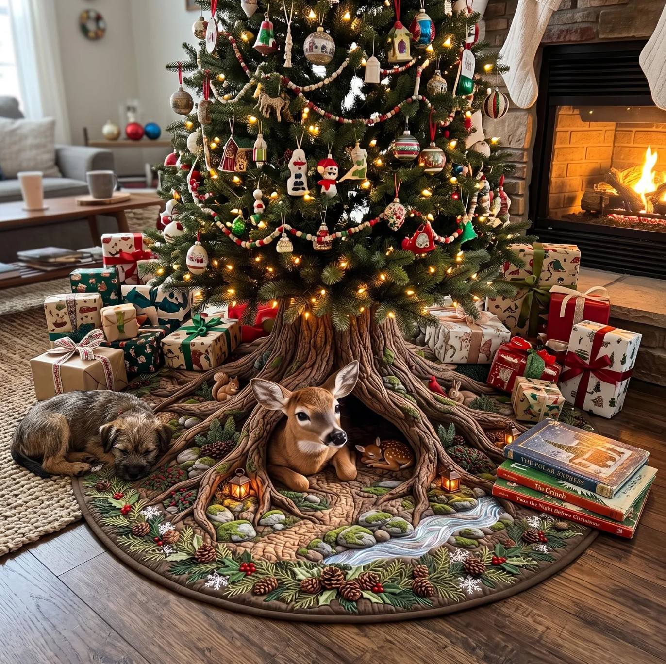 Deer Haven Forest Tree Hole Quilted Christmas Tree Skirt