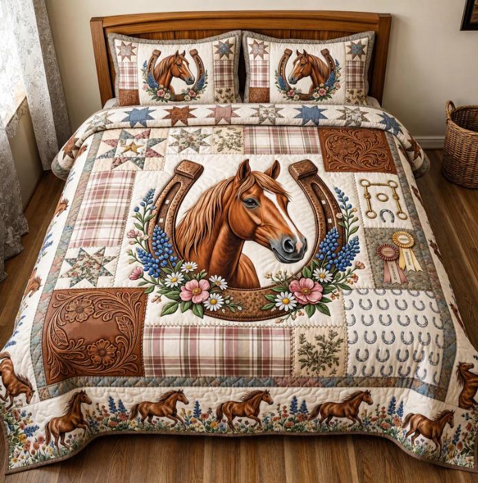 Horse & Horseshoe 3-Piece Quilted Bedding Set