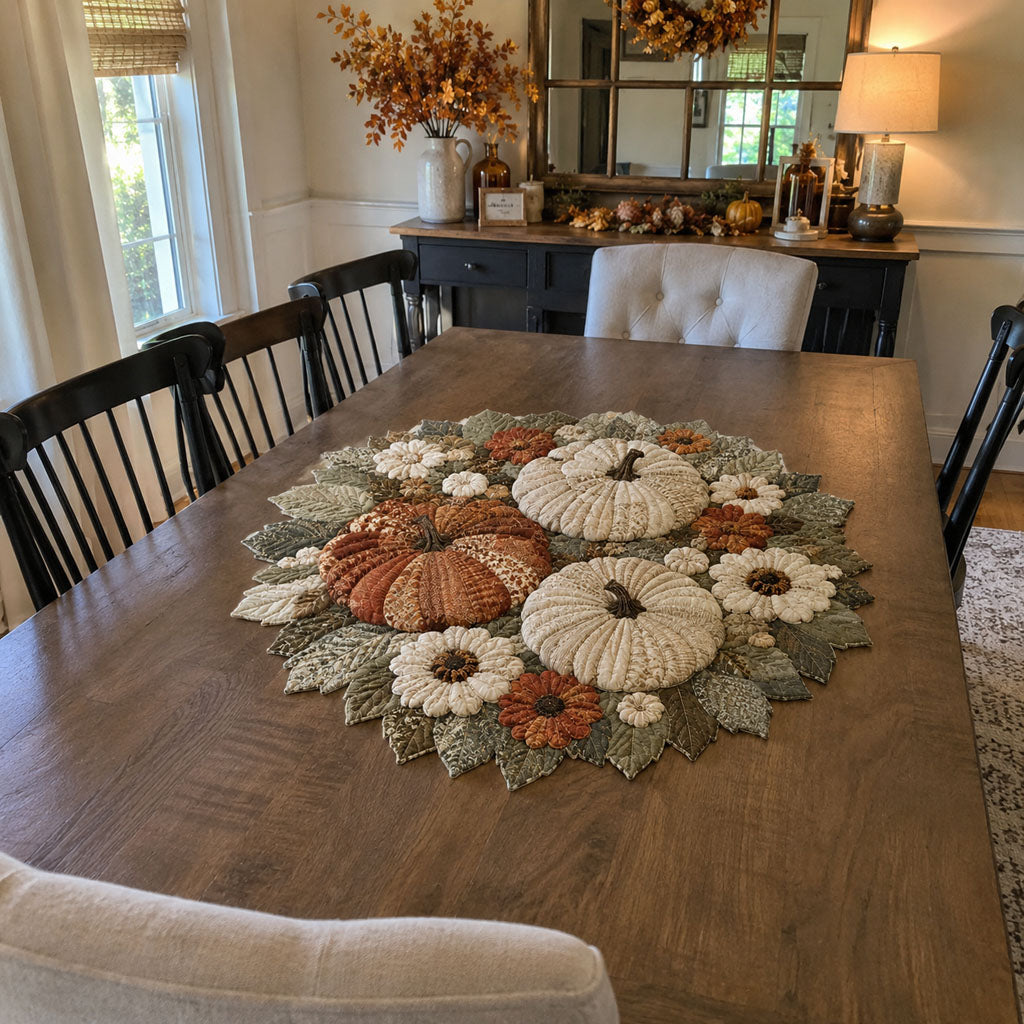 Vintage Fabric Pumpkin Daisy Autumn Leaf Quilted Table Topper