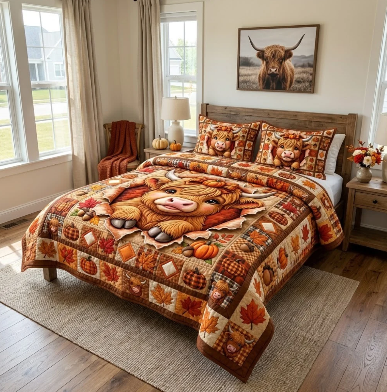 Fall Highland Cow Pumpkin Maple Leaf Quilted Bedding Set 3PCS