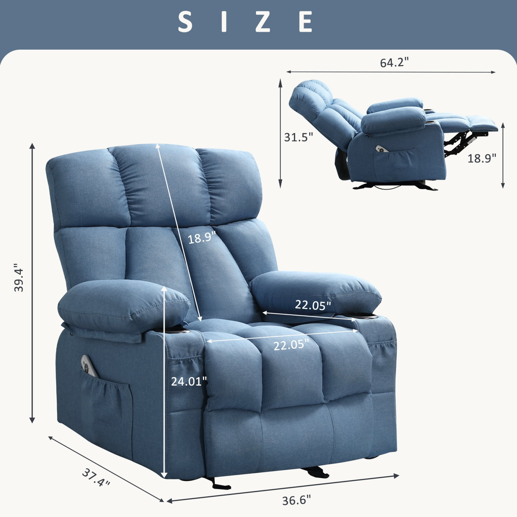 Sillón reclinable manual con terapia de calor y función de masaje, sillón de masaje con mecanismo reclinable de alta resistencia