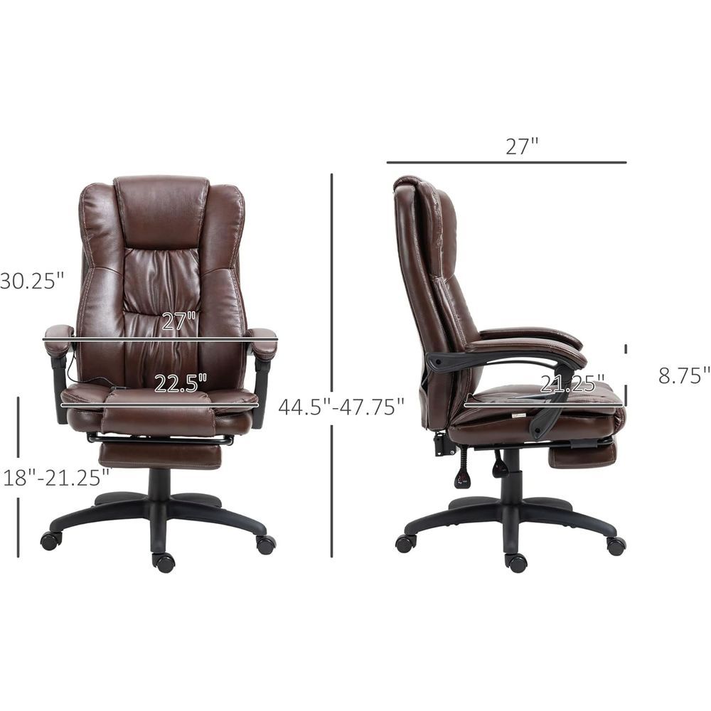 Silla de oficina de masaje de respaldo alto en color marrón, con vibración de 6 puntos y respaldo reclinable.