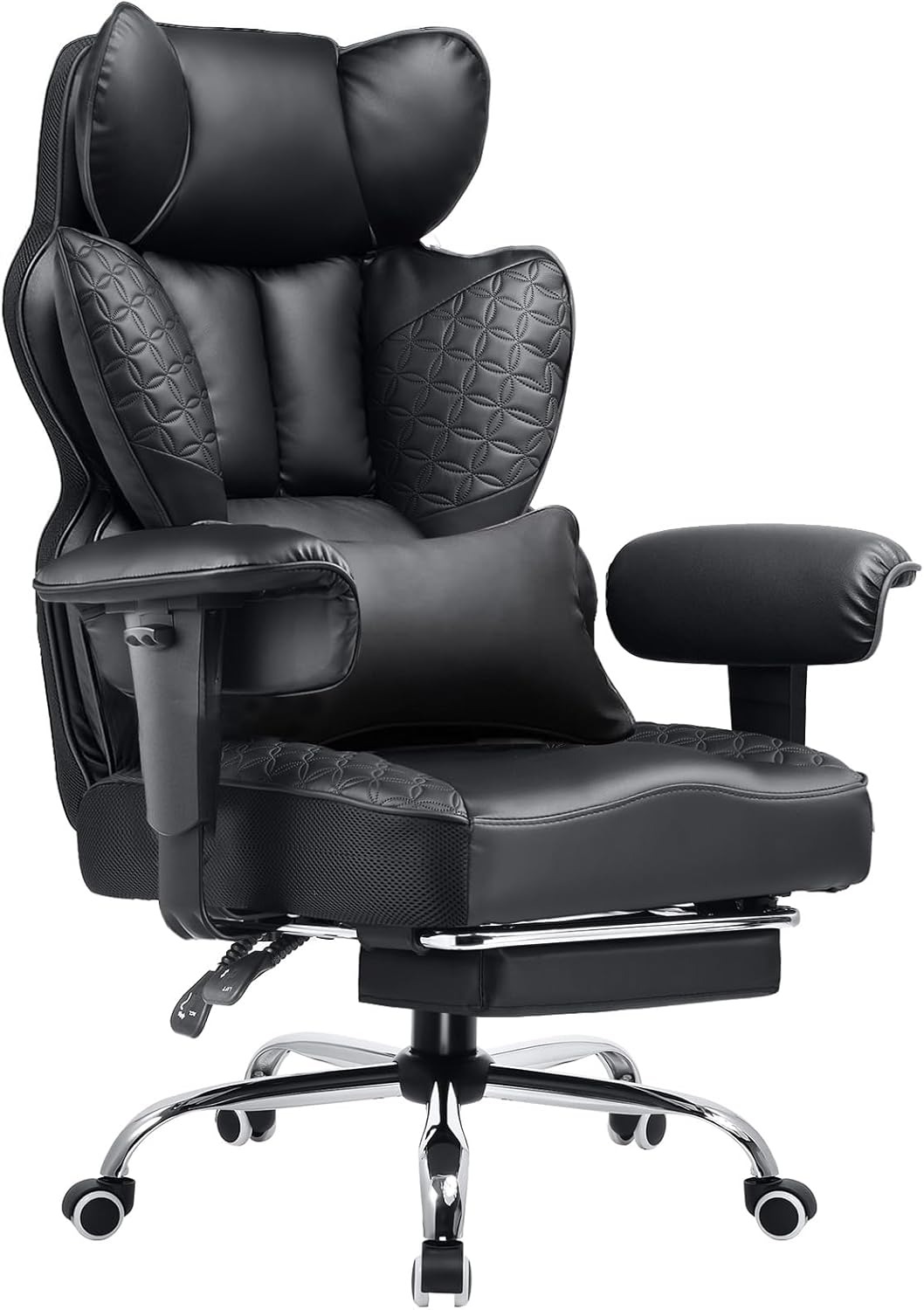 Silla de oficina ergonómica de alta resistencia para personas de gran estatura y complexión robusta; silla gaming ancha con reposapiés y diseño de cuero con relieve de lujo.