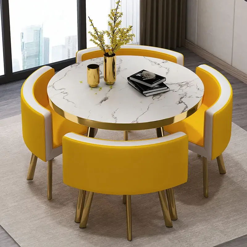 Juego de mesa de comedor redonda de mármol de 80 cm con 4 sillas, mesa central moderna de madera, muebles de apartamento blancos de lujo