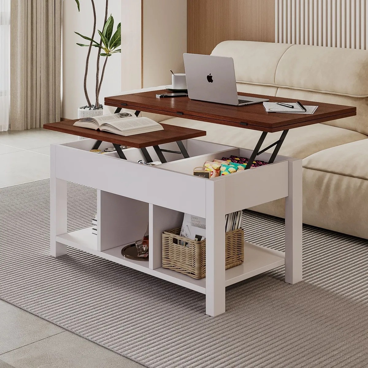 Mesa De Centro 4 in 1 con Doble Cubierta Elevable Marrón