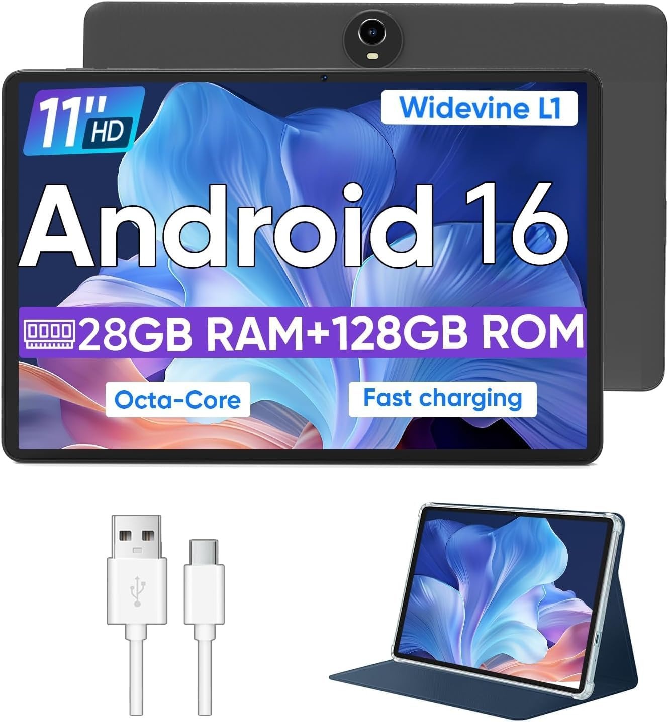 Tablet Android 16 de 11 pulgadas, procesador de ocho núcleos, 28 GB de RAM, 128 GB de ROM, ampliable a 1 TB, color negro.