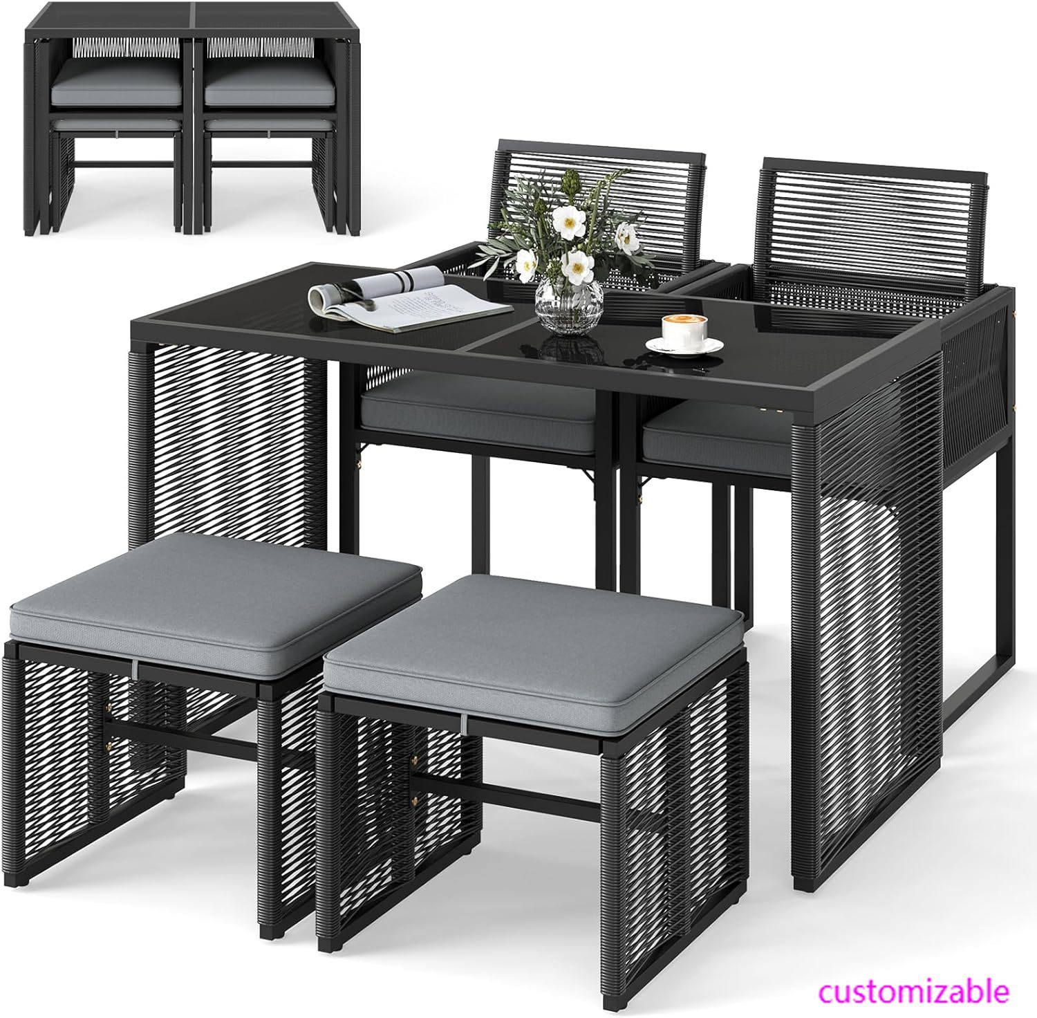Juego de comedor para patio de 5 piezas de mimbre de polietileno, juego de conversación para exteriores con cojines, silla de ratán para patio que ahorra espacio y asiento de cuero templado.