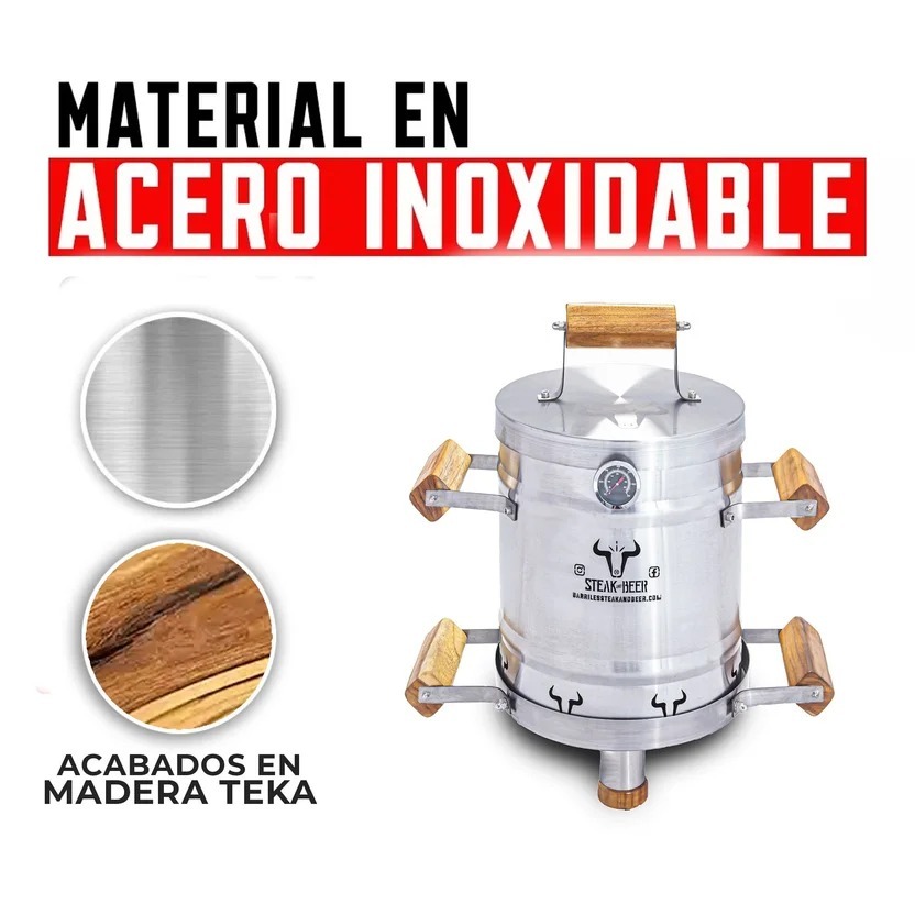 Barril Asador a Carbón en Acero Inoxidable 430 Mini Eco 50x30 Cm 6 Ganchos +1 Parrilla Removible +1 Garfio + 1 Carbonera + 1 Plato Cenicero Steak And Beer