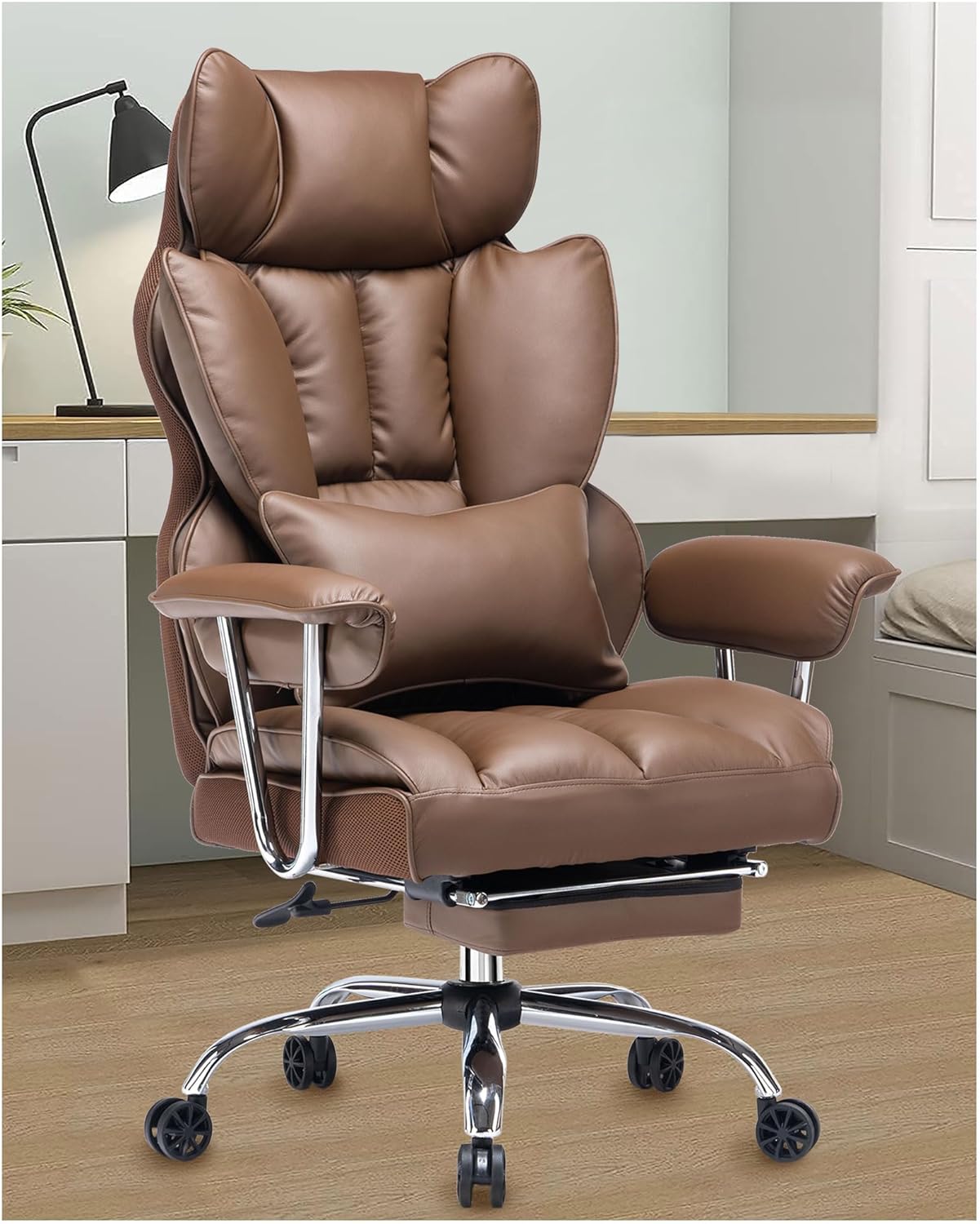 Silla de oficina alta, silla de computadora de cuero PU, silla ejecutiva con reposapiernas y soporte lumbar