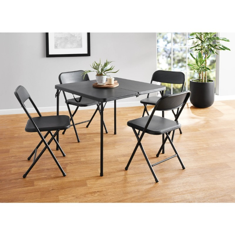 Juego de mesa plegable de resina de 5 piezas y cuatro sillas plegables Mainstays, color negro